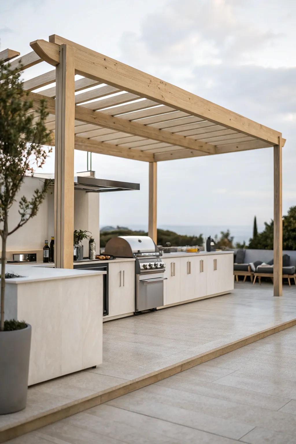 Minimalist pergola enhancing a streamlined outdoor kitchen.