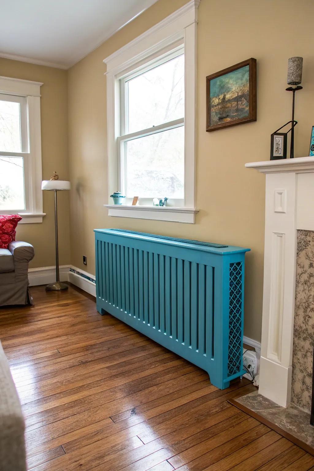 A painted radiator shield that is used as a lively center point.