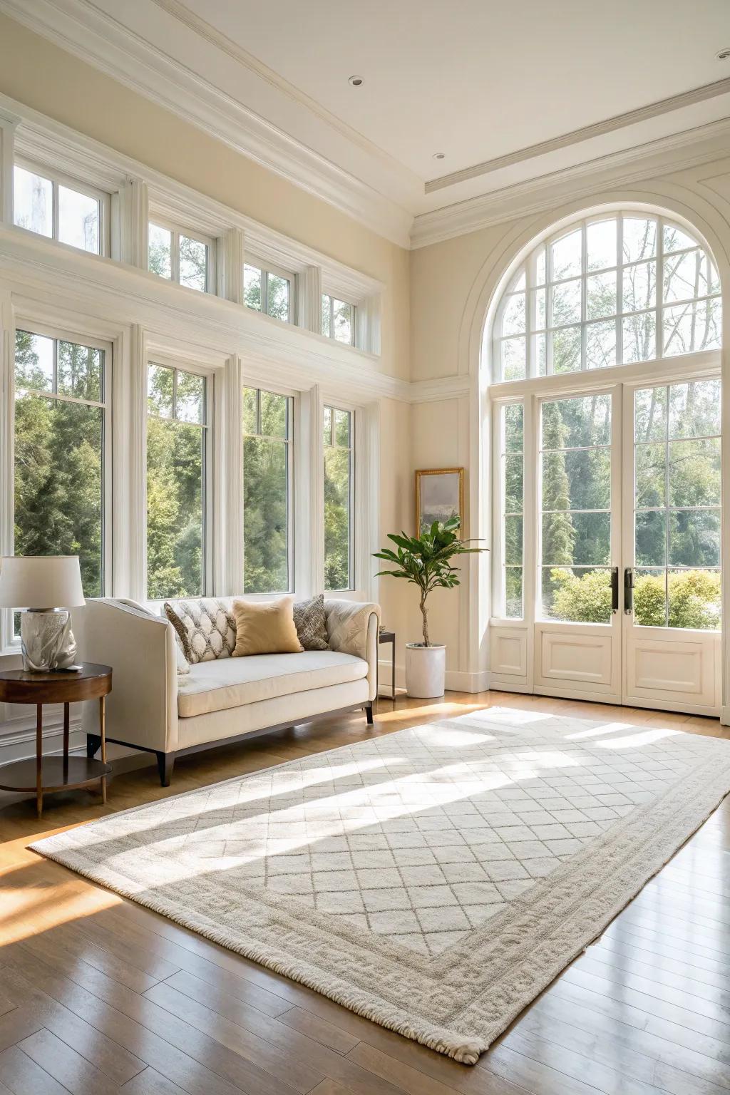 The room's inherent brightness is amplified by light-colored ground coverings.