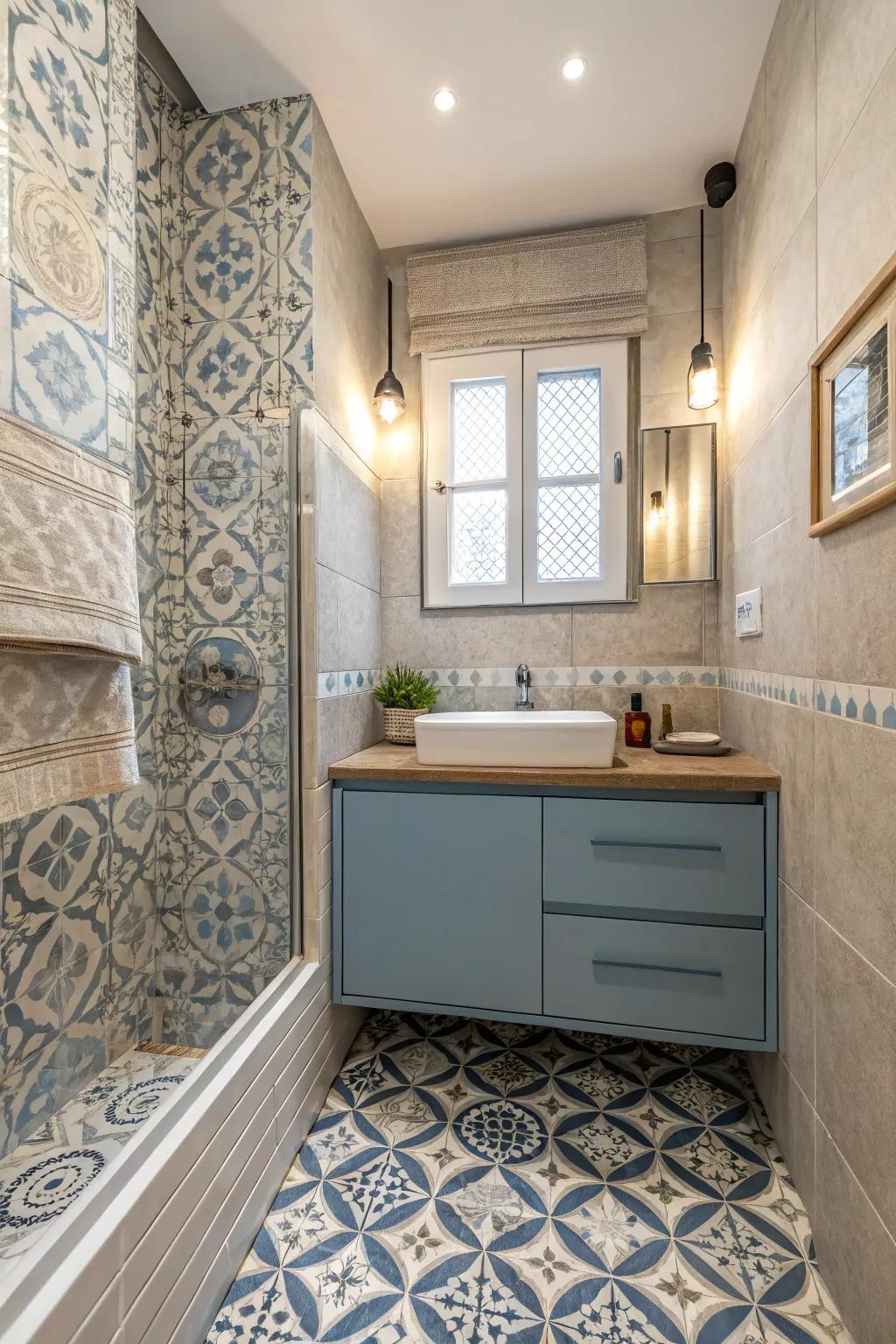 Artistic tiling infuses character into this modestly sized bathroom.