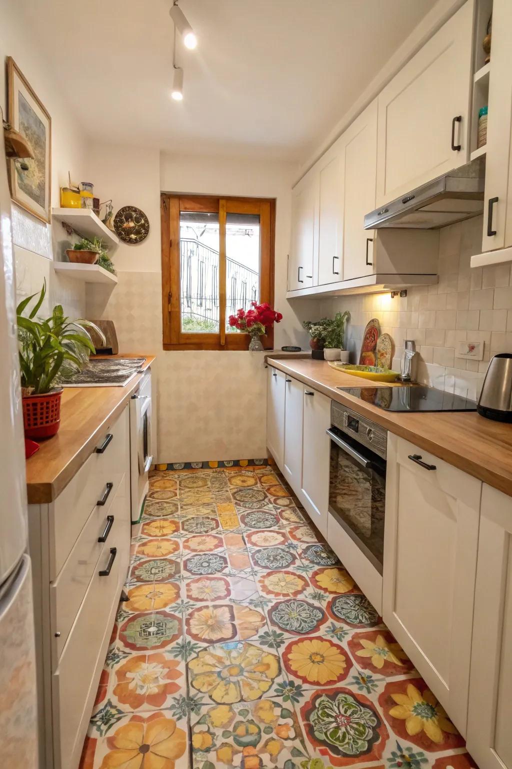 Bright accent tiles adding vibrancy to a small kitchen