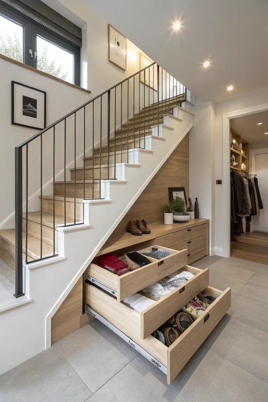 Under-stair stowage amplifies practicality without compromising aesthetic.