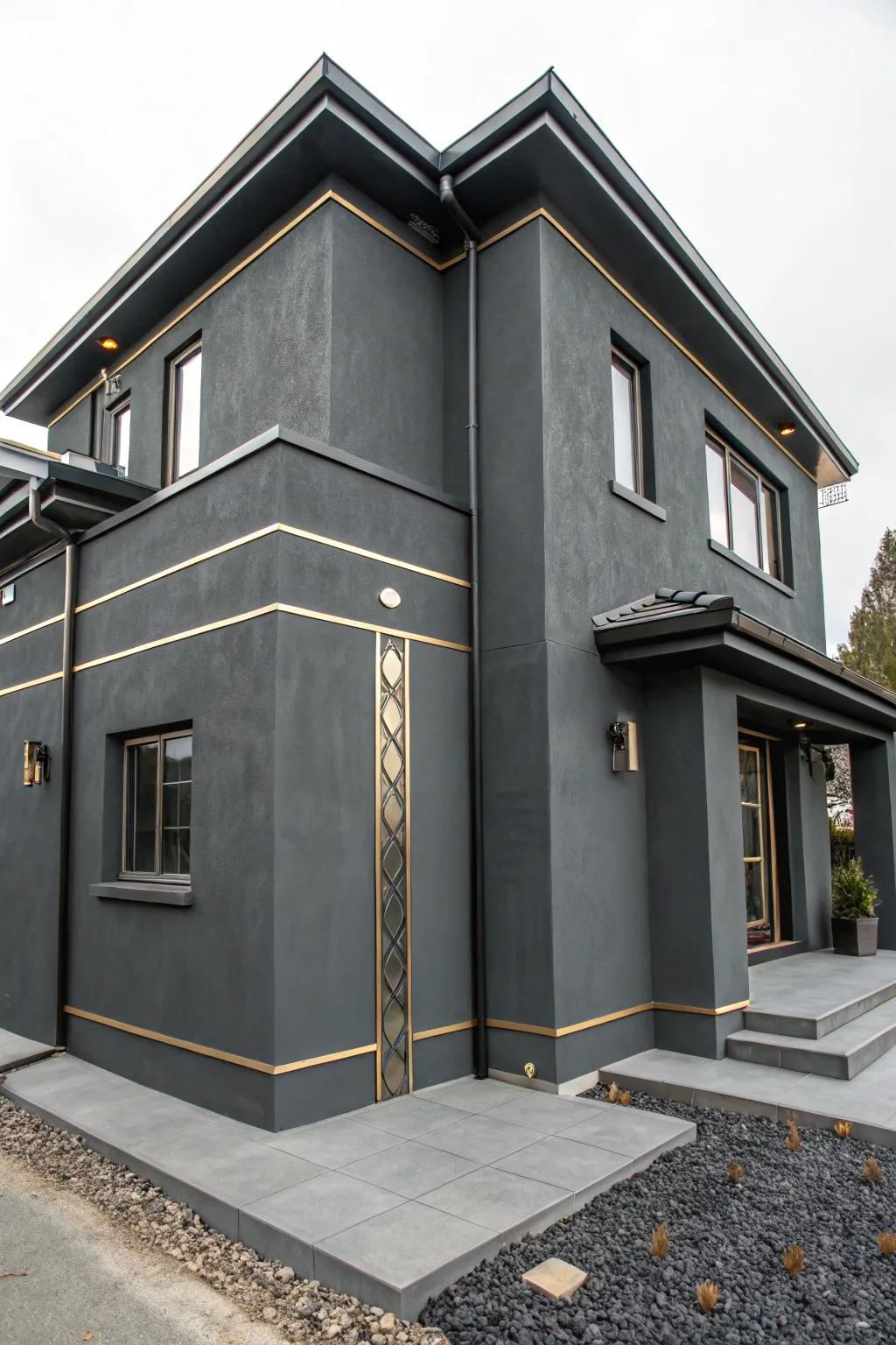 Striking shadow black stucco house with eye-catching accents.