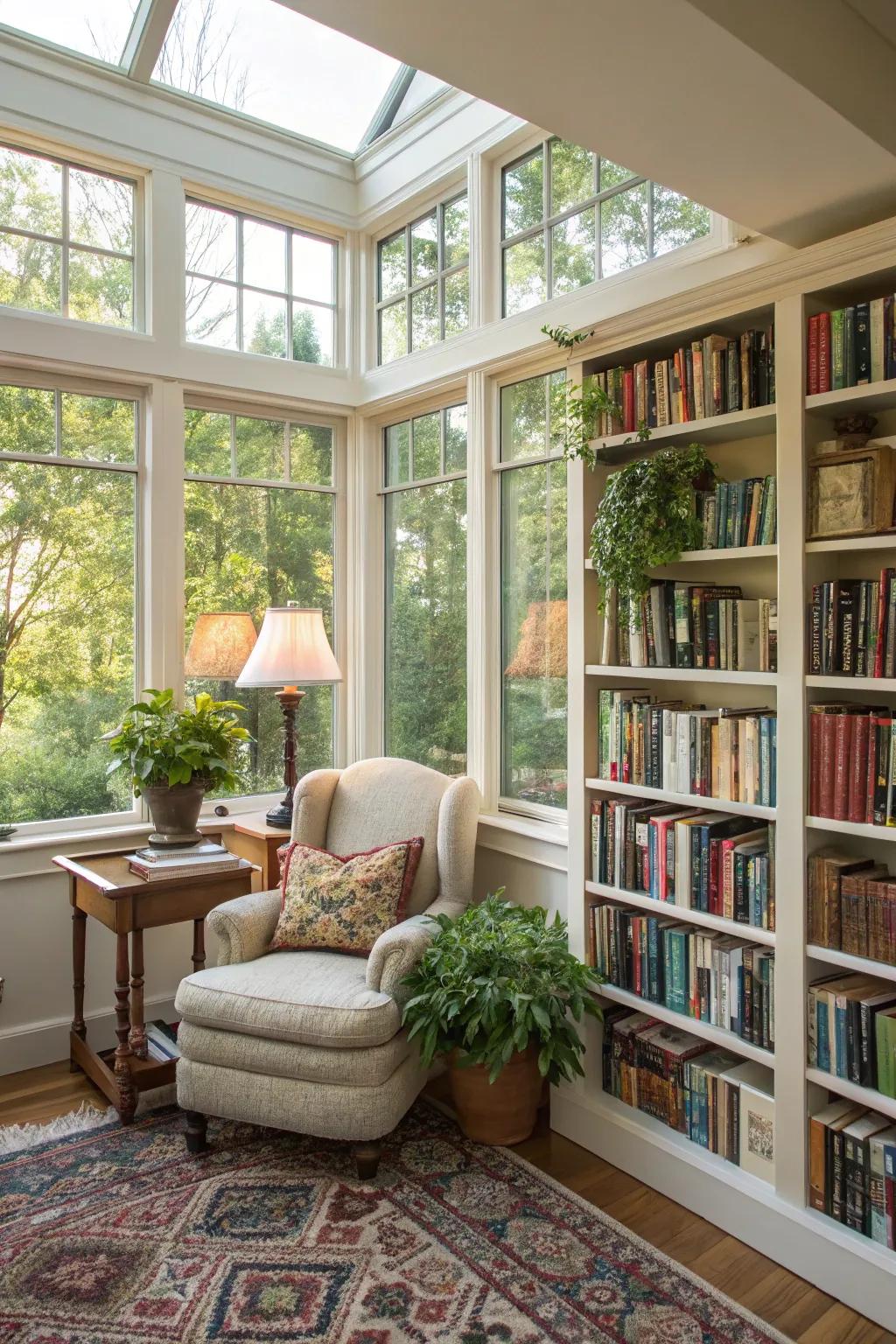 A cozy reading spot in a sunroom, perfect for book lovers.