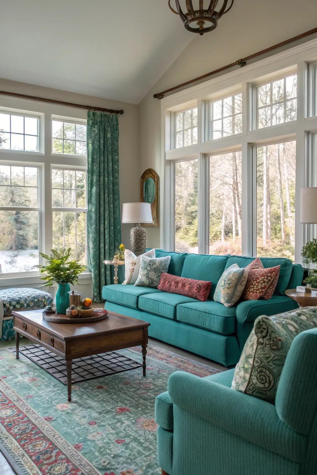 Natural light enhances the rich tones of teal in this modern living room.