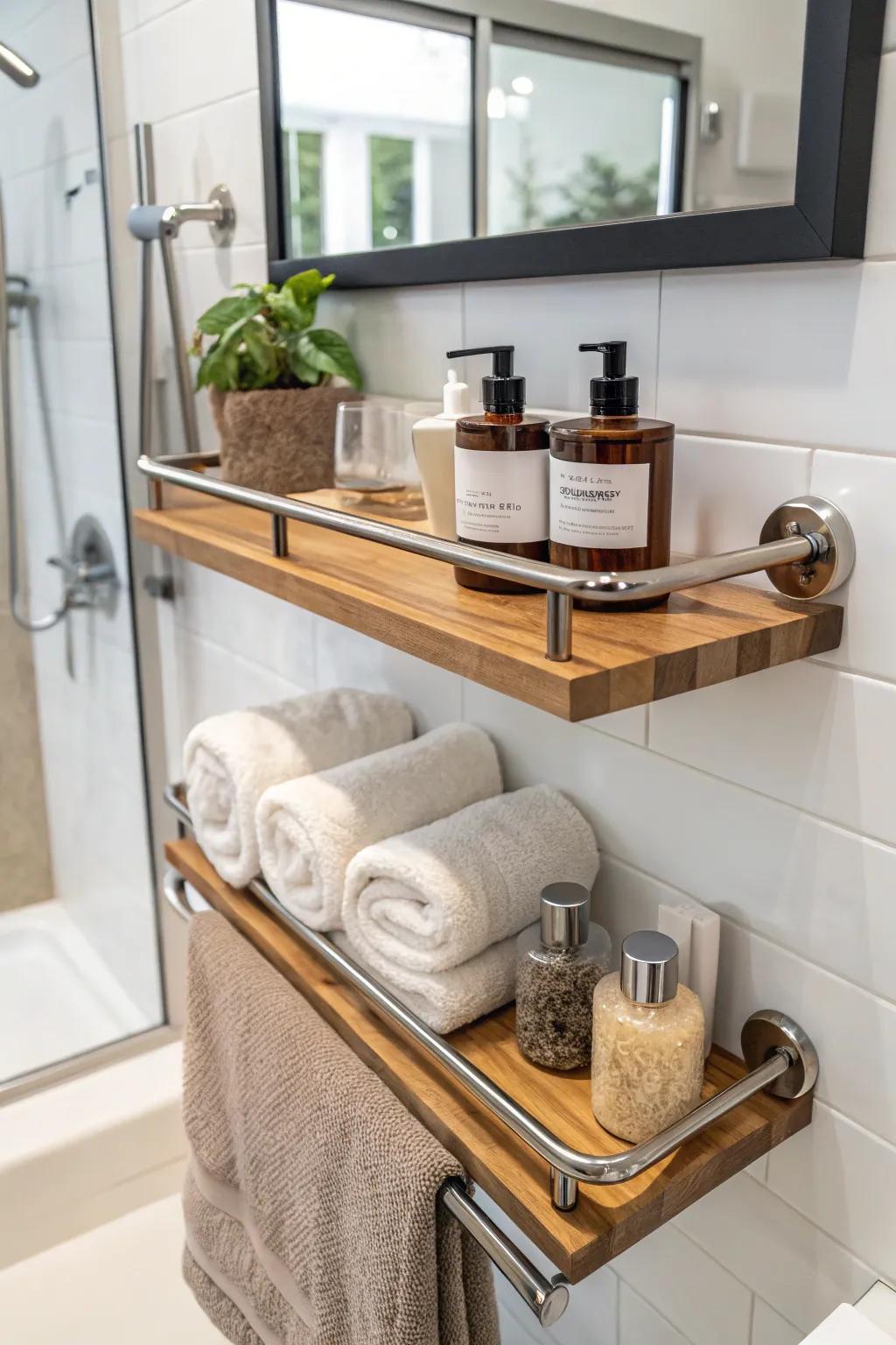 Combined storage and style with a floating shelf.