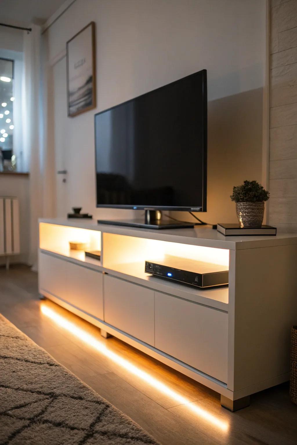TV stand with LED lights adding sophistication.