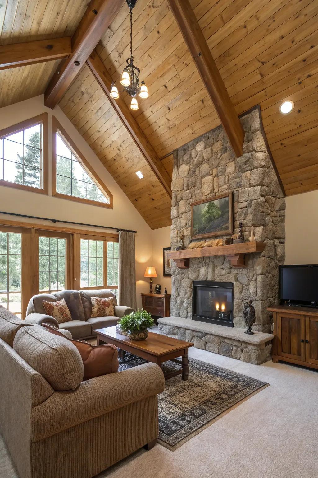Layered surfaces give dimension and richness to this high ceiling living area.