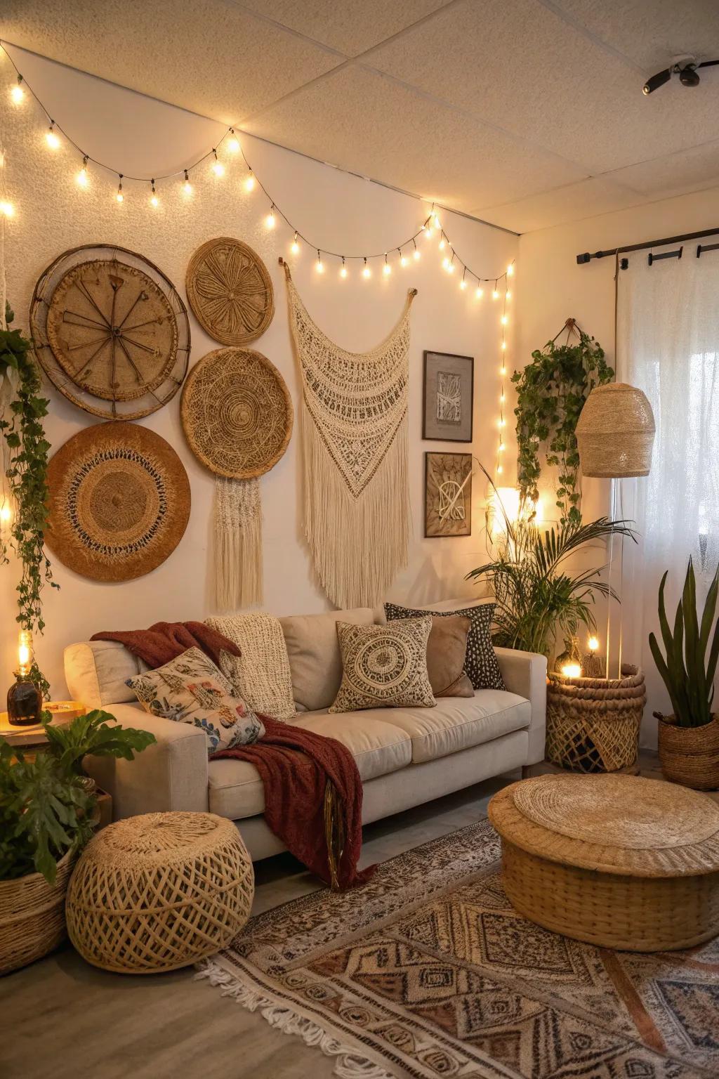 Wicker wall hangings adding warmth to a bohemian living room.