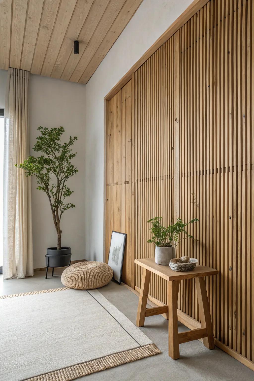 Achieve a sense of serenity with a natural wood slat wall, enhancing minimalist decor.