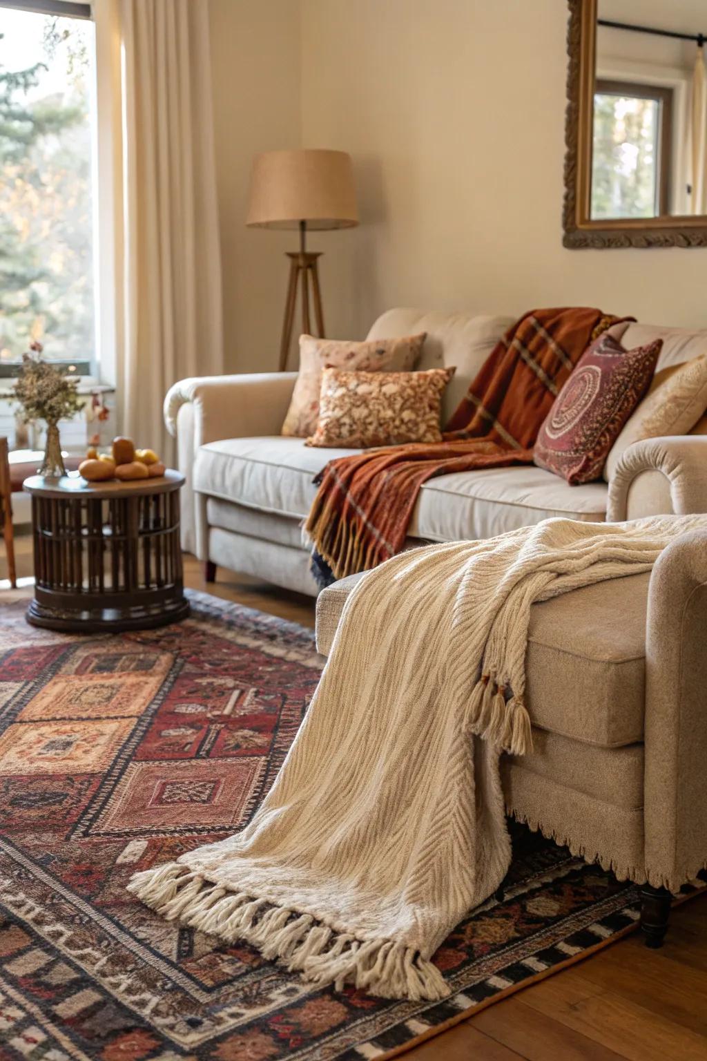 Tactile strata of carpets and drapeovers heighten the room's coziness.