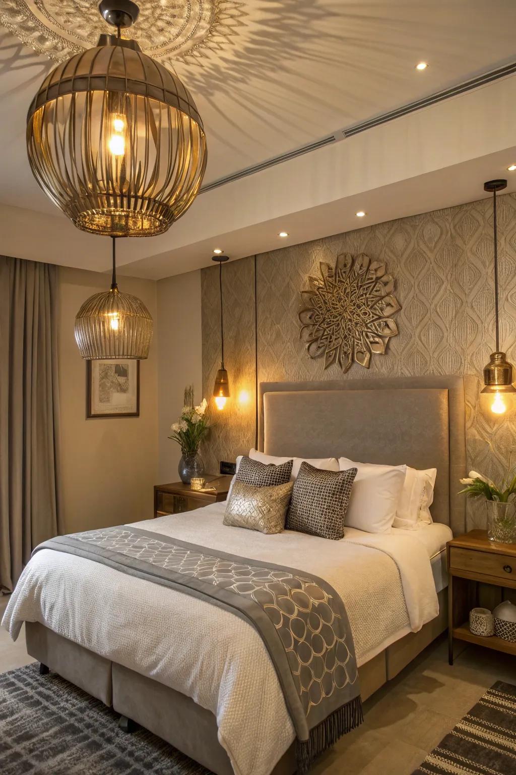 A stylish bedroom highlighting metallic lighting fixtures and subtle decor accents.