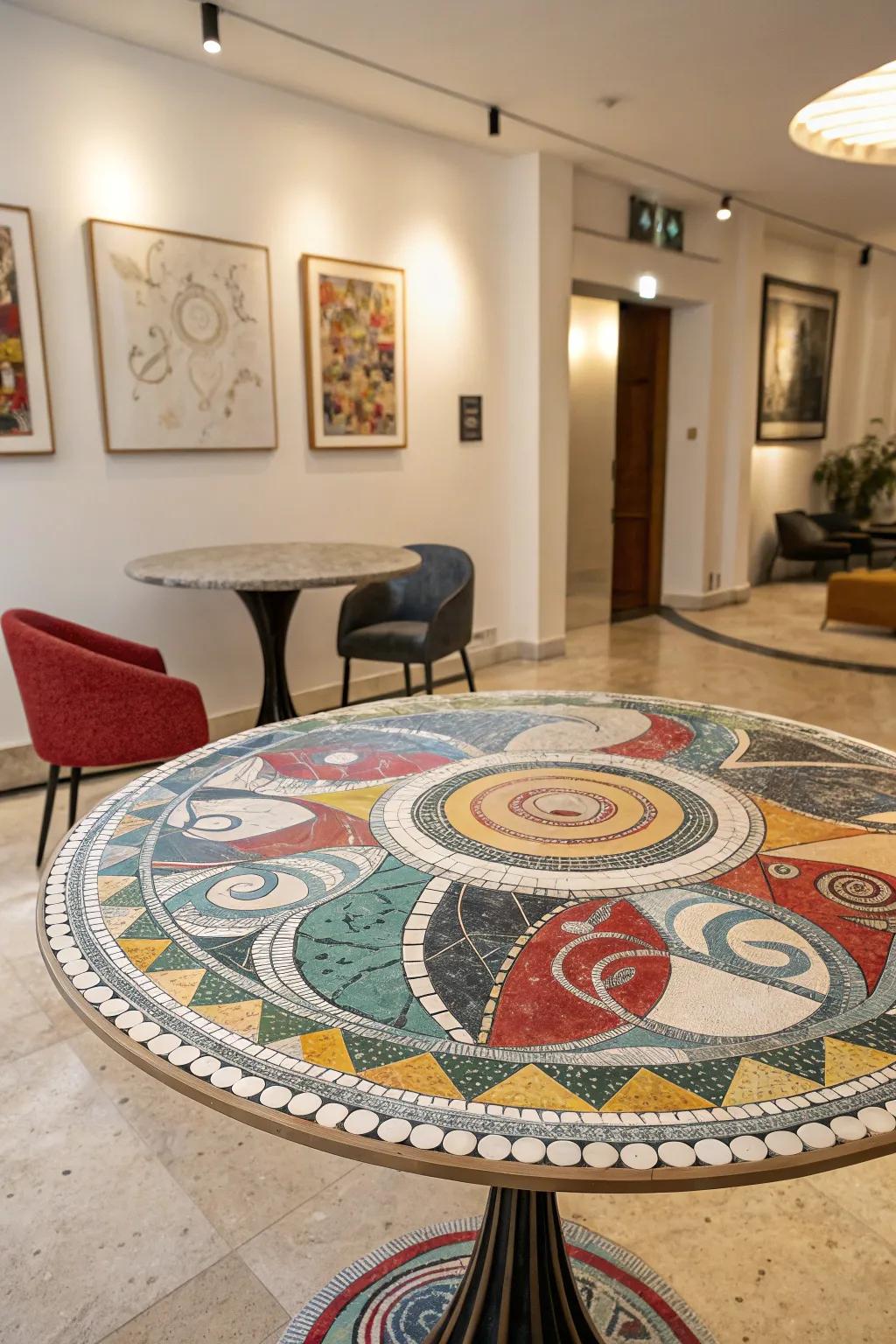 Non-representational mosaic compositions transform tables into captivating objets d'art.