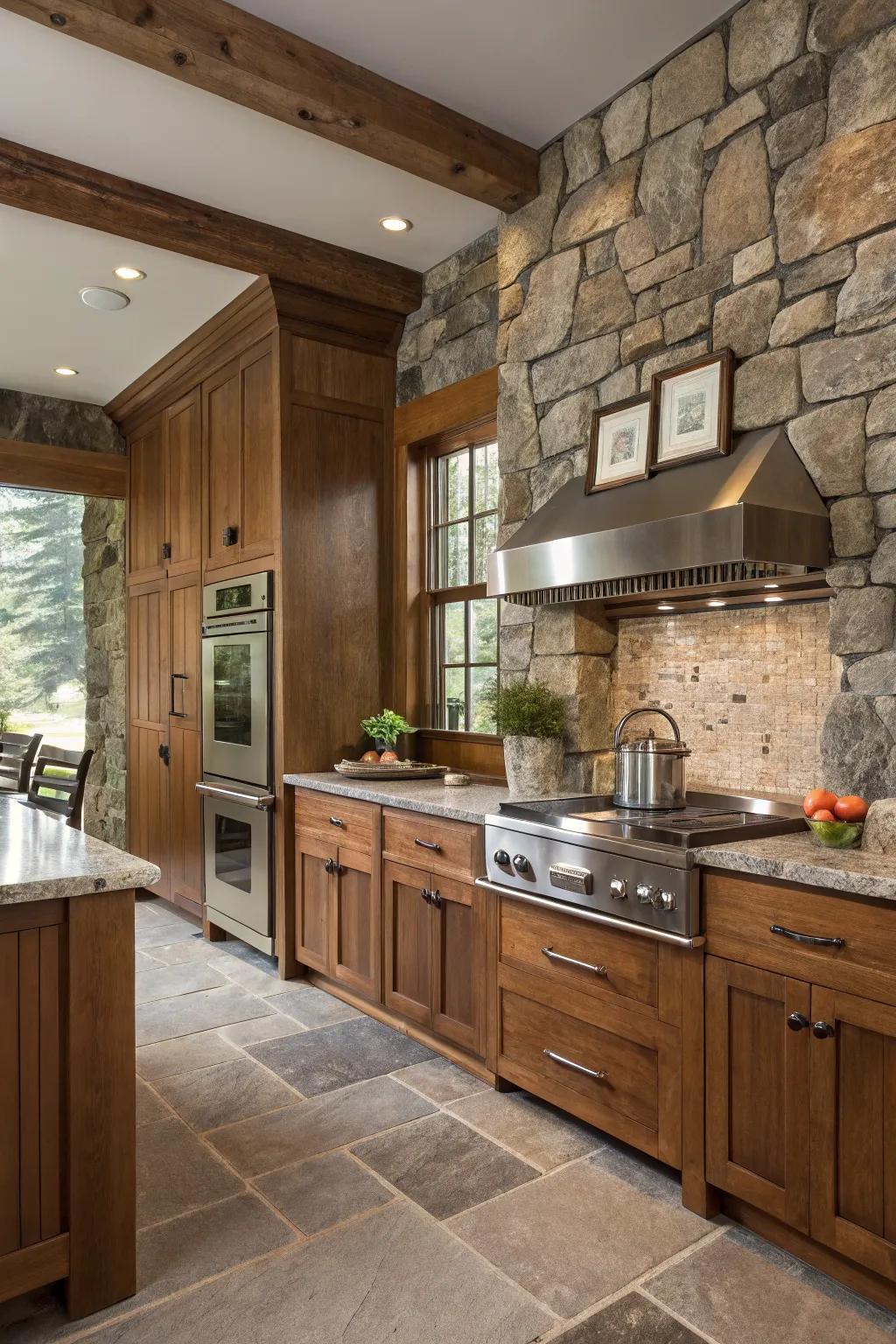 A harmonious mix of raw materials cultivates a welcoming and cozy kitchen environment.