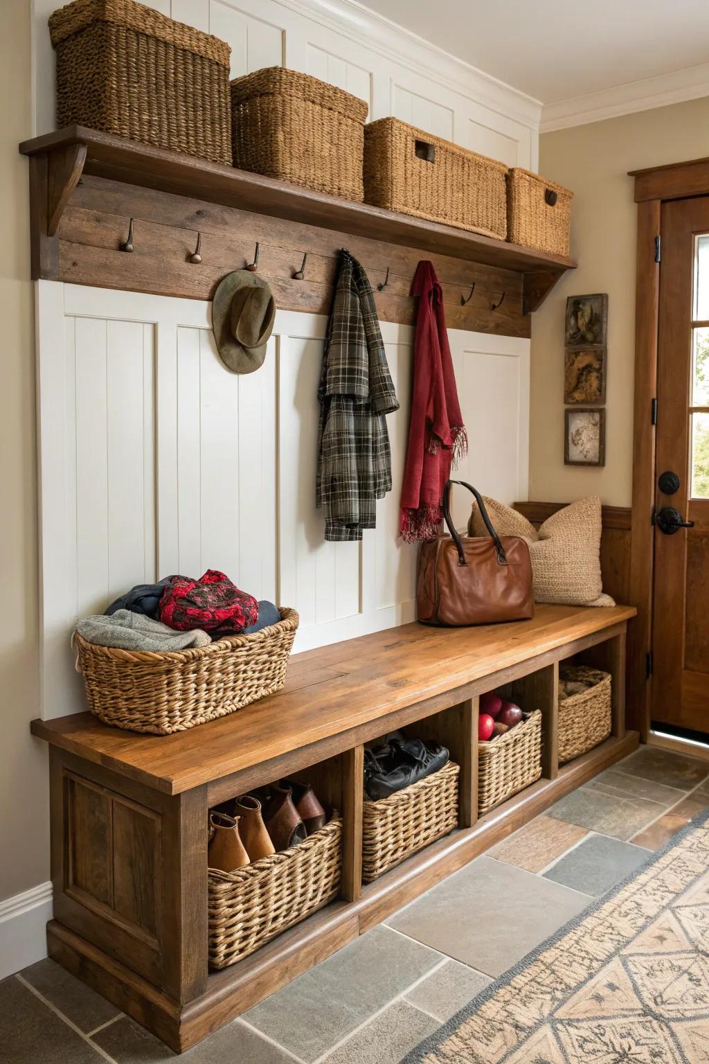 A stylish mudroom seating featuring ornamental holders for storage.