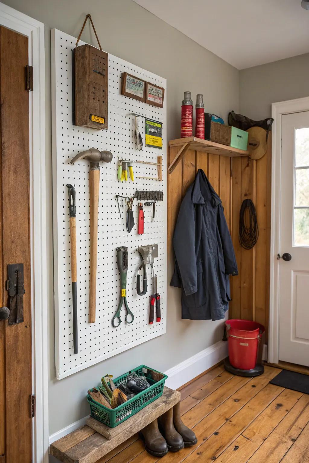 Pegboards offer adaptable storage solutions for various items.
