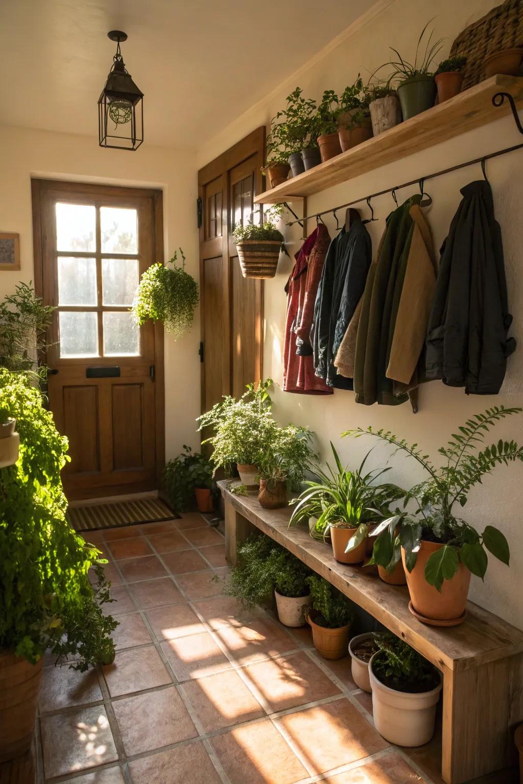 A mudroom with potted plants and hanging greenery added for a refreshing atmosphere.