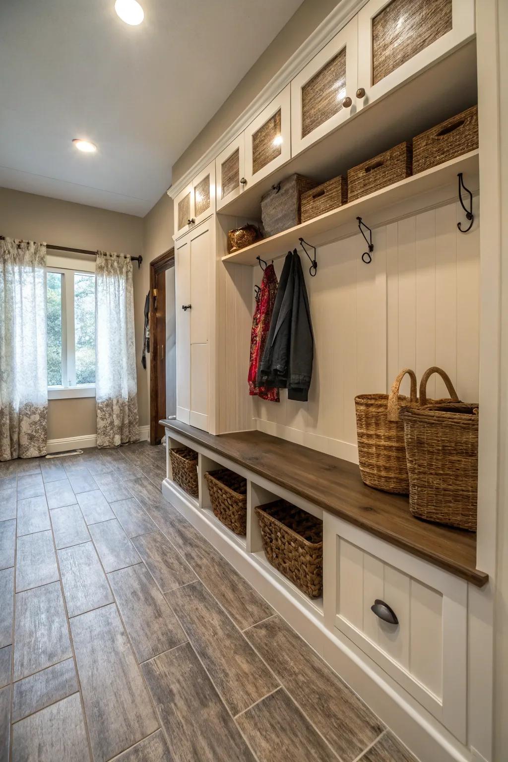 Wood-look tiles offer warmth with easy maintenance.