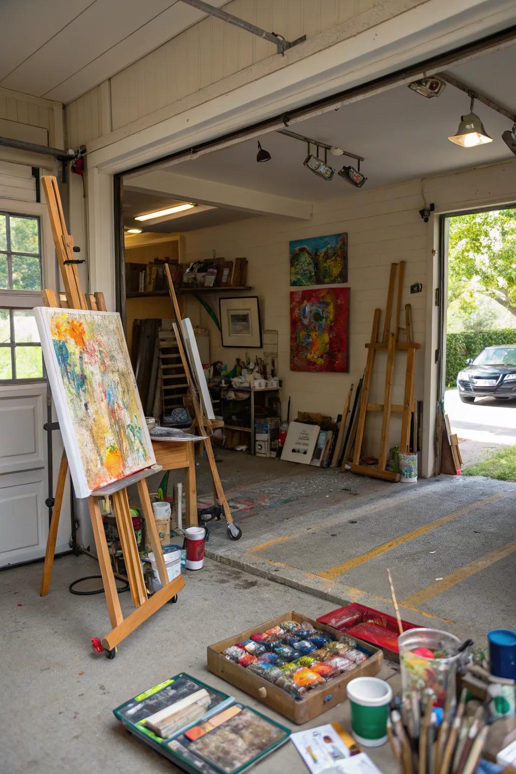 A garage transformed into an energetic creative studio.