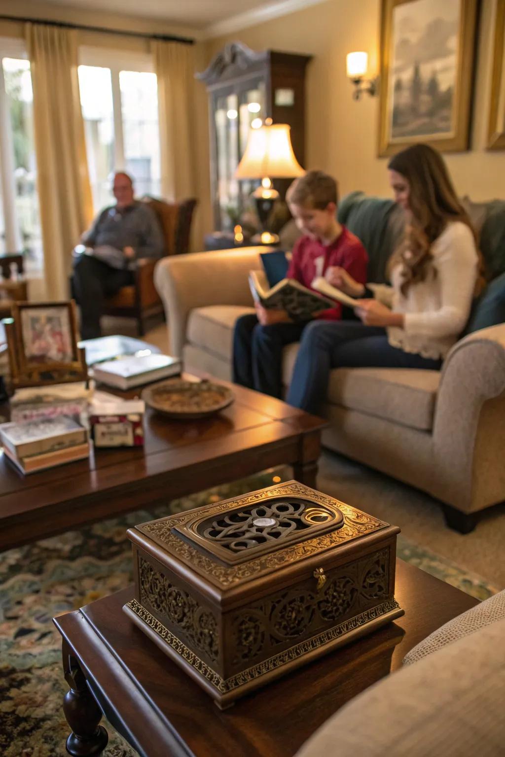 An engraved music box immortalizes cherished memories.