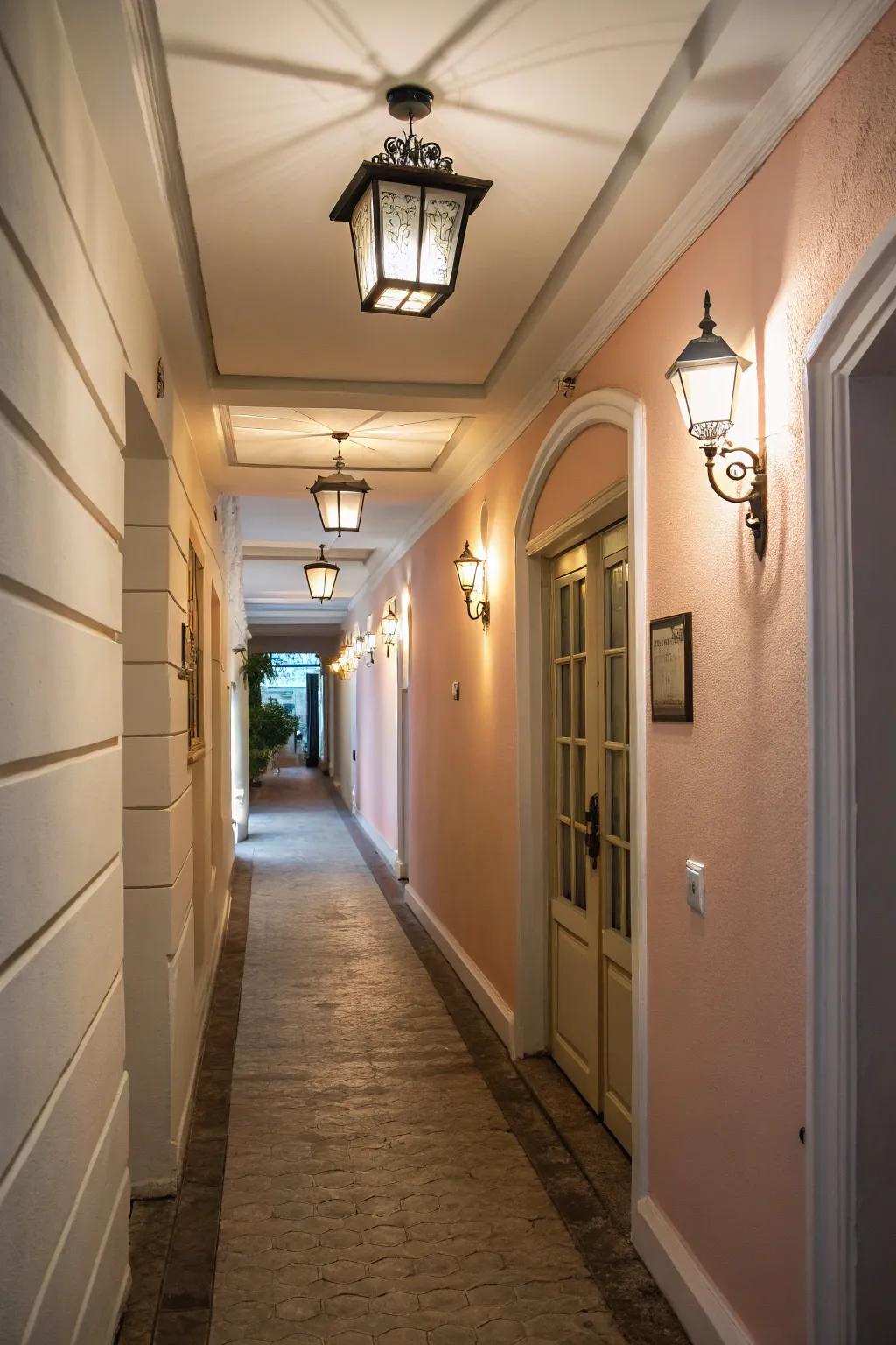 Soft, diffused lighting creates a cozy atmosphere in narrow spaces.