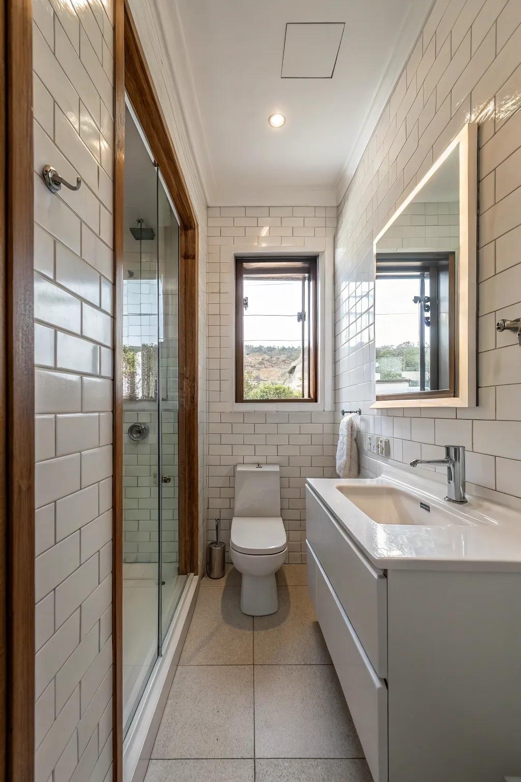 Floor-to-ceiling mirrors maximize visual space inside slim bathrooms.