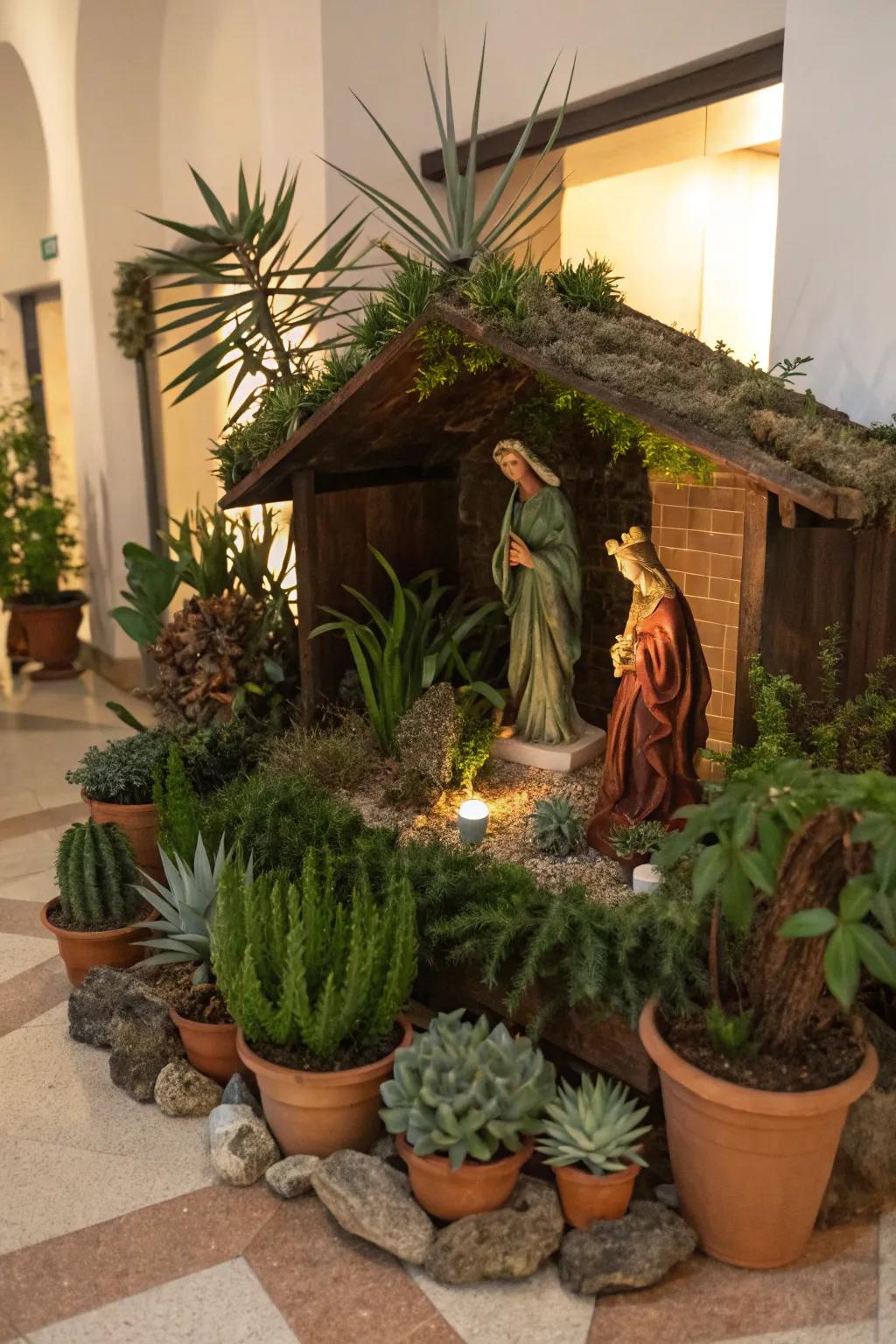 A garden-inspired nativity presentation featuring dynamic verdure.