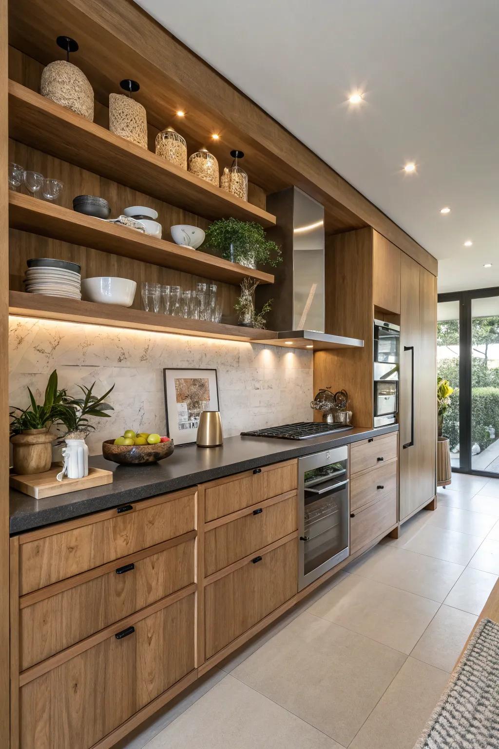 Exposed shelving incorporates attraction and practicality.