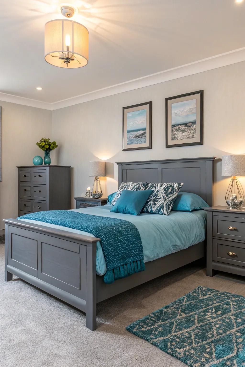 Charcoal grey and sky blue balance the room to create a calm and inviting atmosphere.