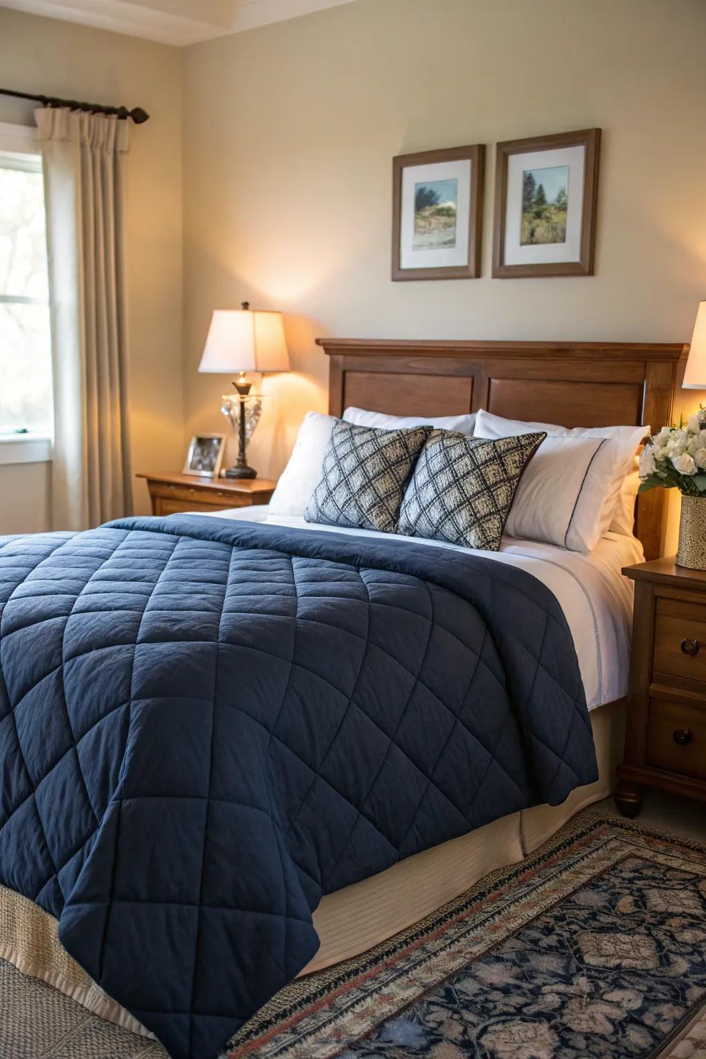 Add warmth with a textured quilted navy comforter.