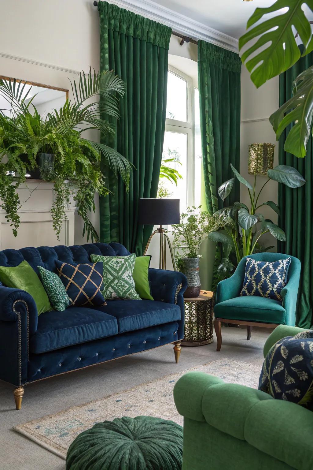 Indoor plants harmonize with green tones and contribute vibrancy.