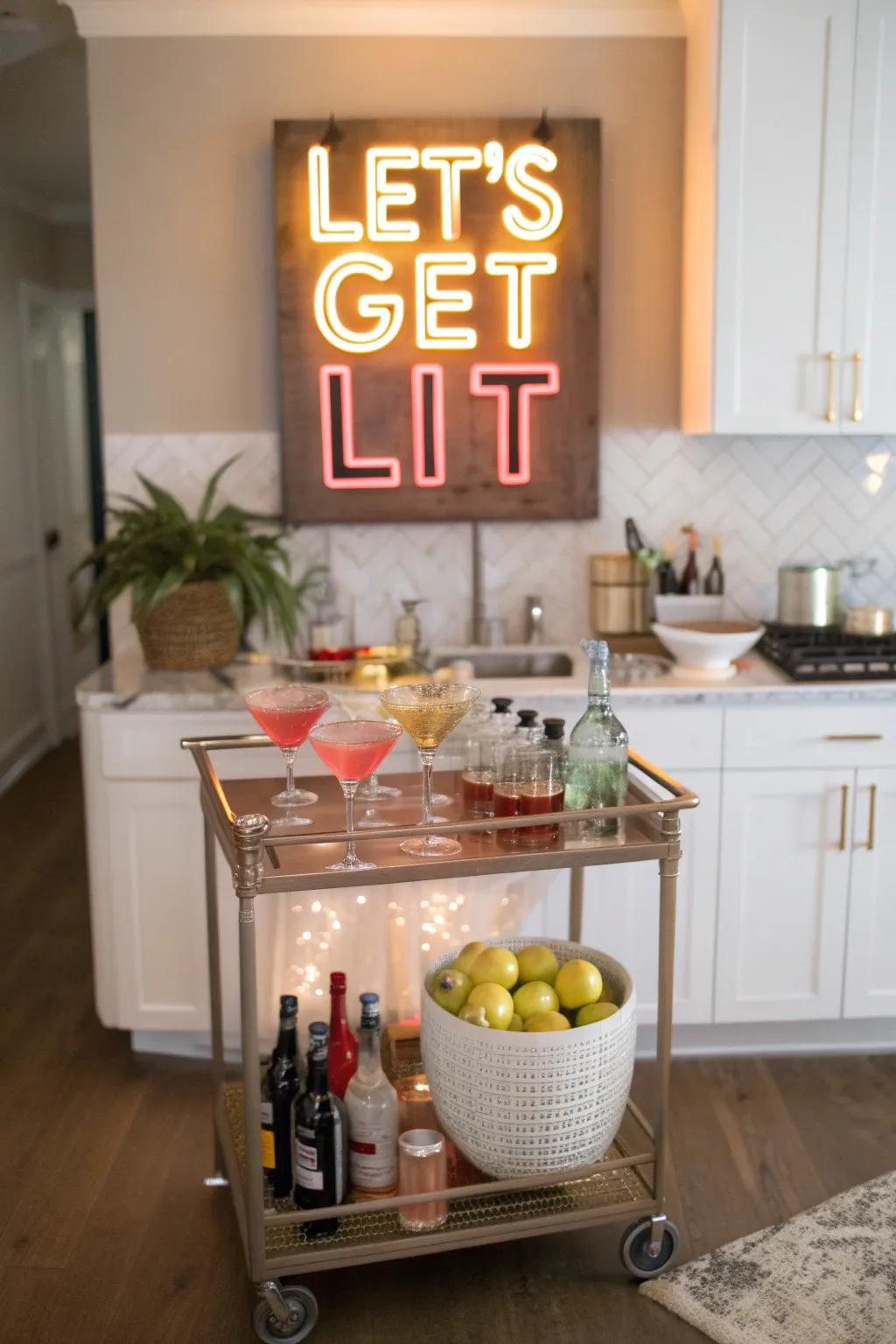 A playful neon sign introduces fun to a modern kitchen bar space.