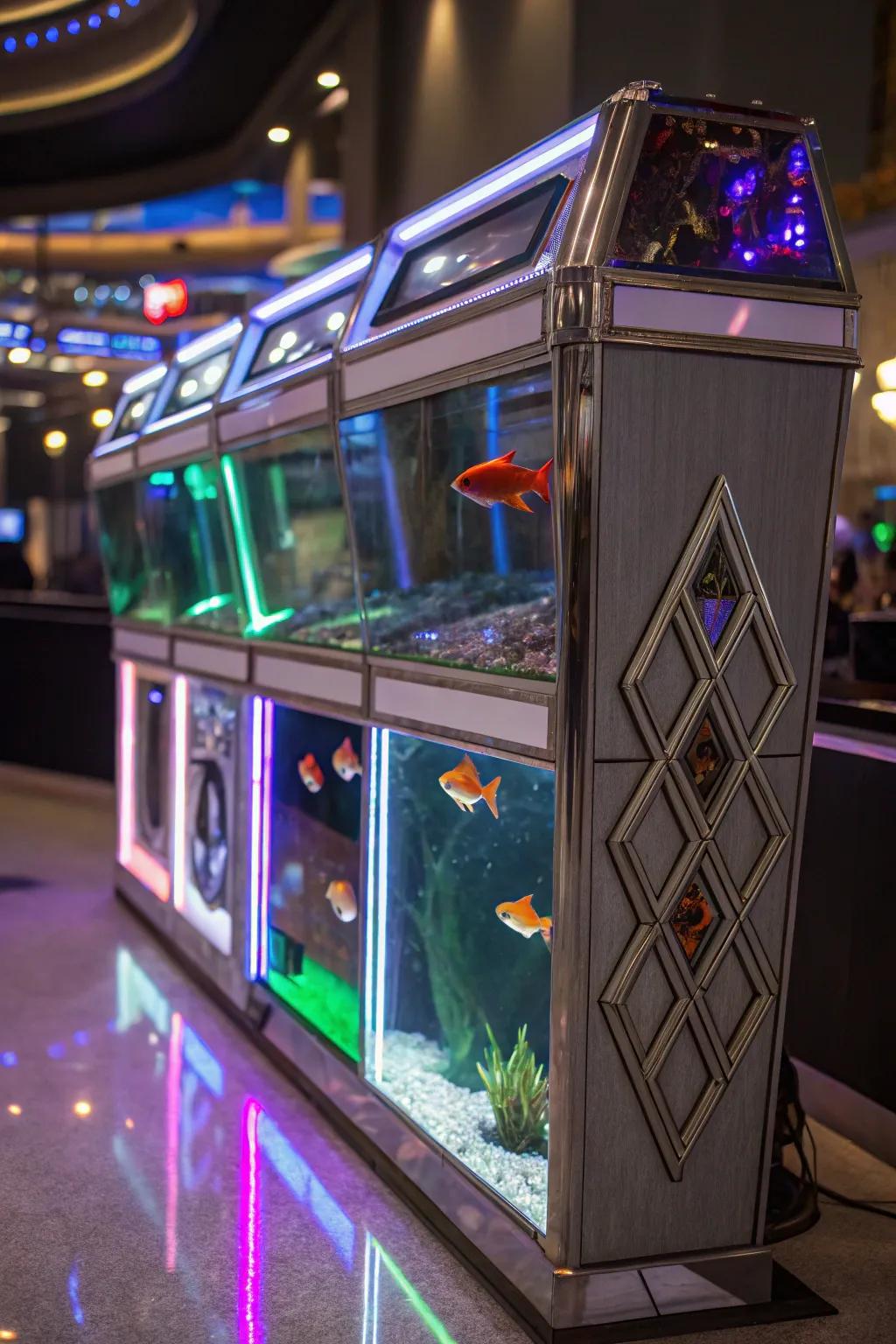 A space-age design evokes an ethereal ambiance in this fluorescent fish haven.