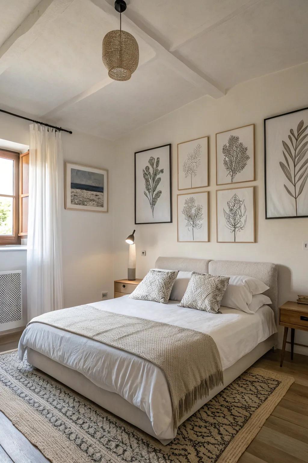 Minimalist artwork adds sophistication to a neutral bedroom.