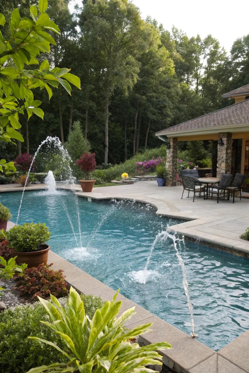 A pool featuring water jets, adding a playful and soothing component to the backyard.
