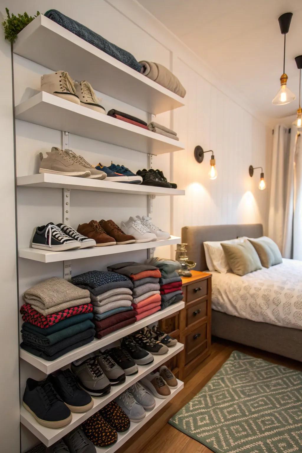 Floating shelves conserve space whilst enhancing style.