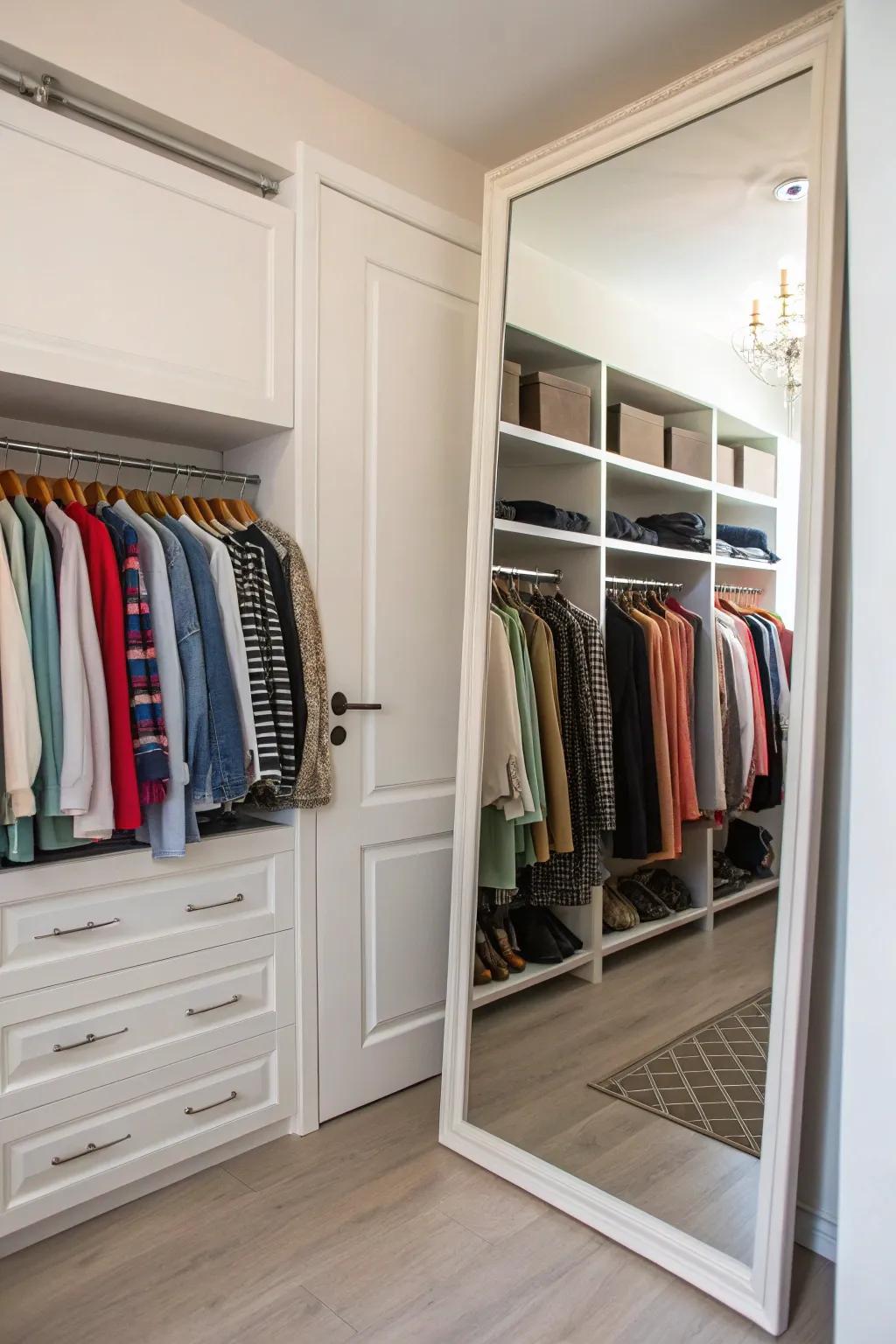 Open closet enhanced by a large mirror