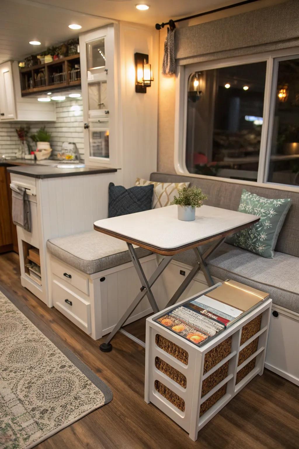 A versatile alcove engineered for both seating and storage needs.