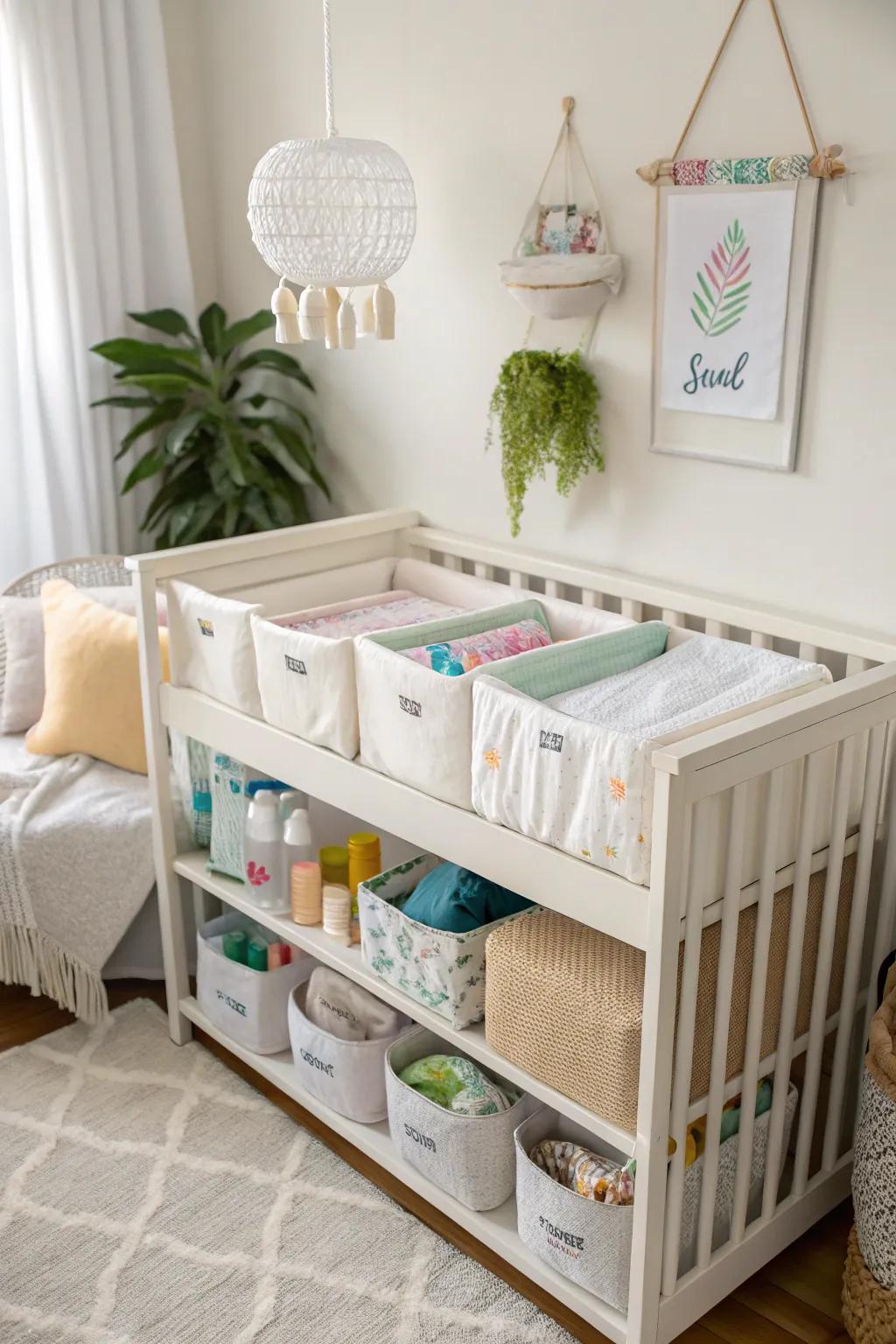 Wise use of under-bassinet space with storage boxes for additional items.