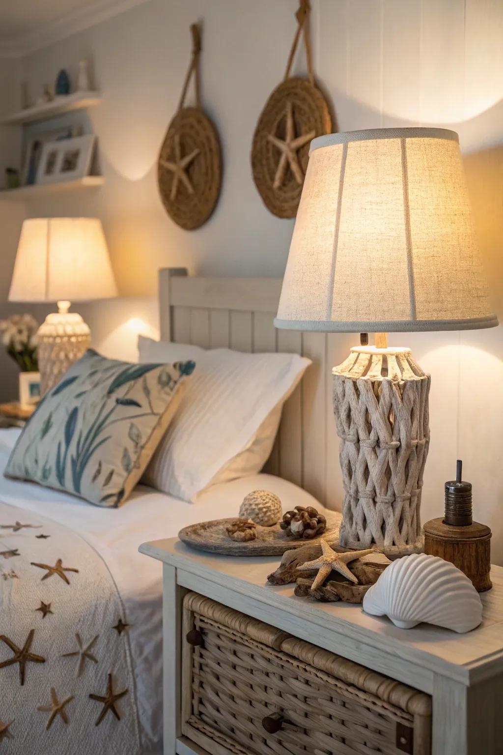Ambient lighting creates a warm, inviting atmosphere in your ocean-themed bedroom.