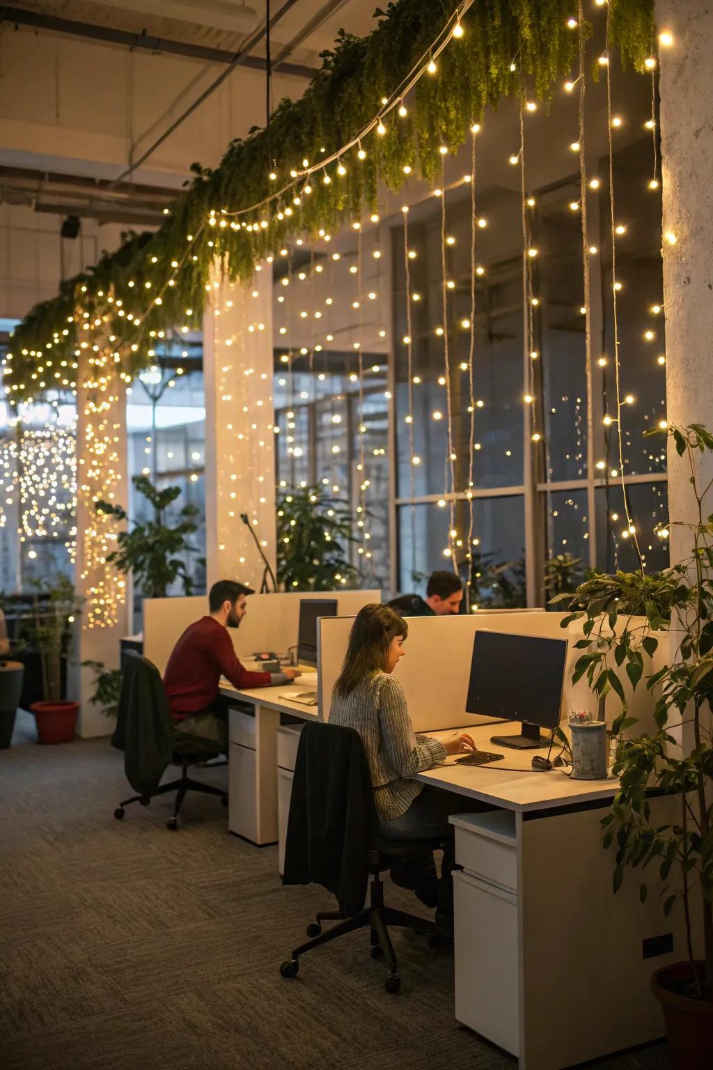 Fairy lights add a sprinkle of enchantment to the workspace.