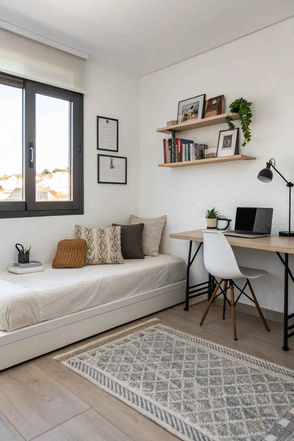 A minimalist daybed encourages a tranquil, neat workspace.