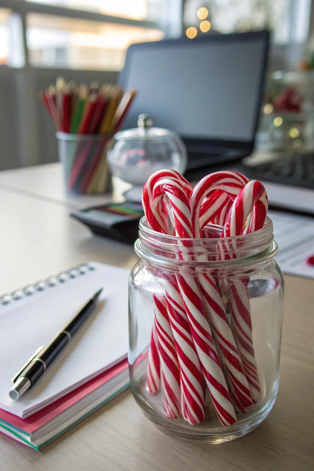 A vessel brimming with confection rods proffers a saccharine seasonal nuance.