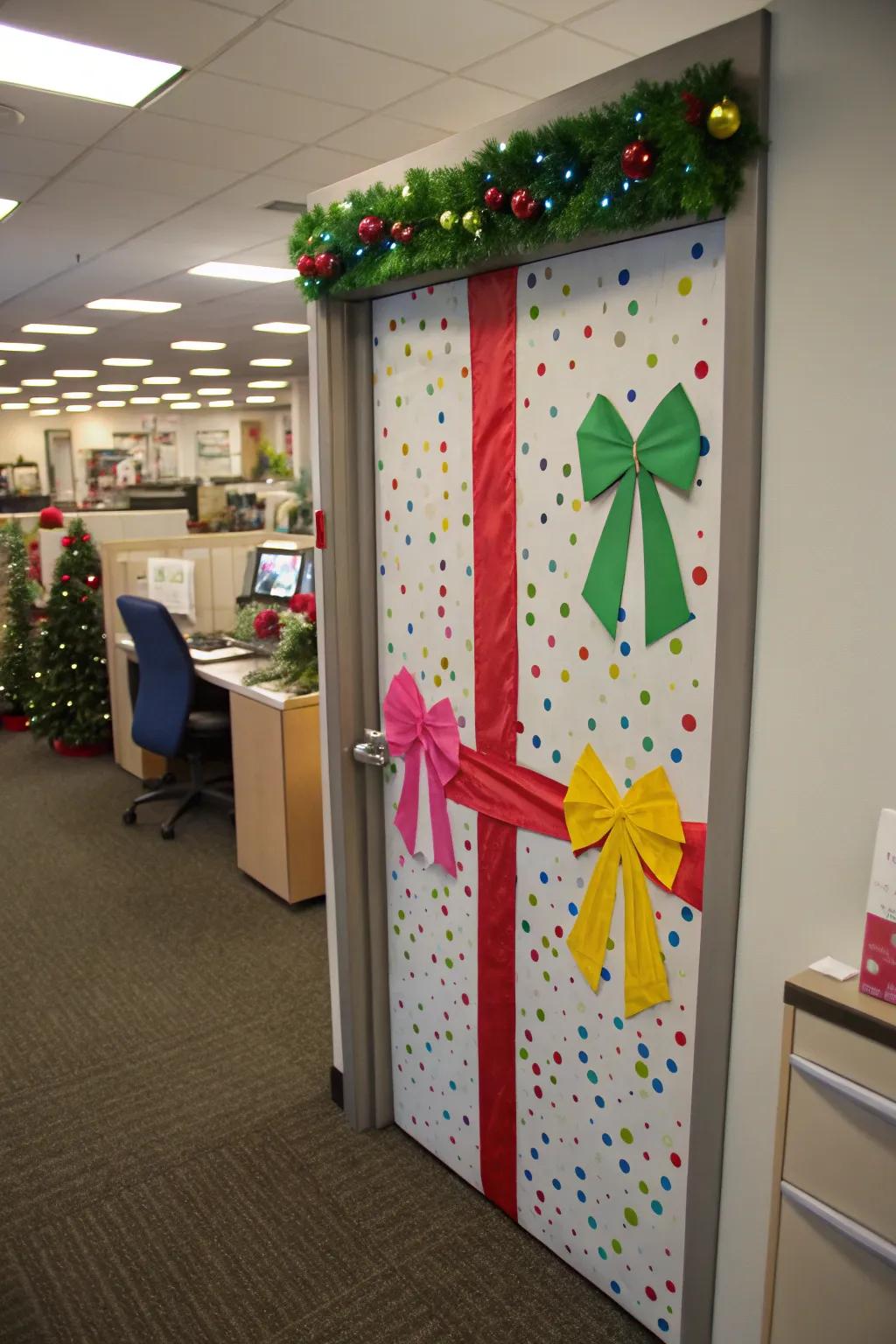 Offer your workplace a joyful visual with a wrapped item entrance.