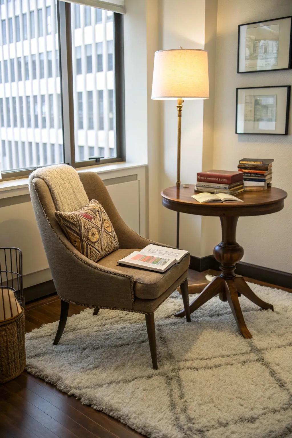 A plush rug beneath the reading chair enhances warmth and demarcates the area.