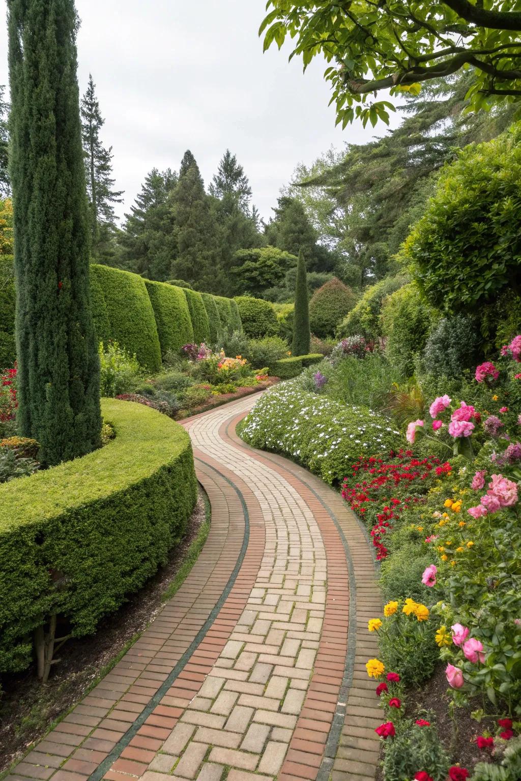 Patterned walkways guide you through this picturesque garden