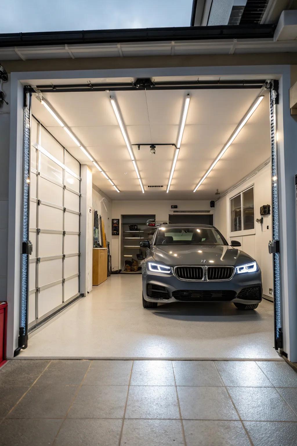 Good lighting makes a garage feel more spacious and inviting.