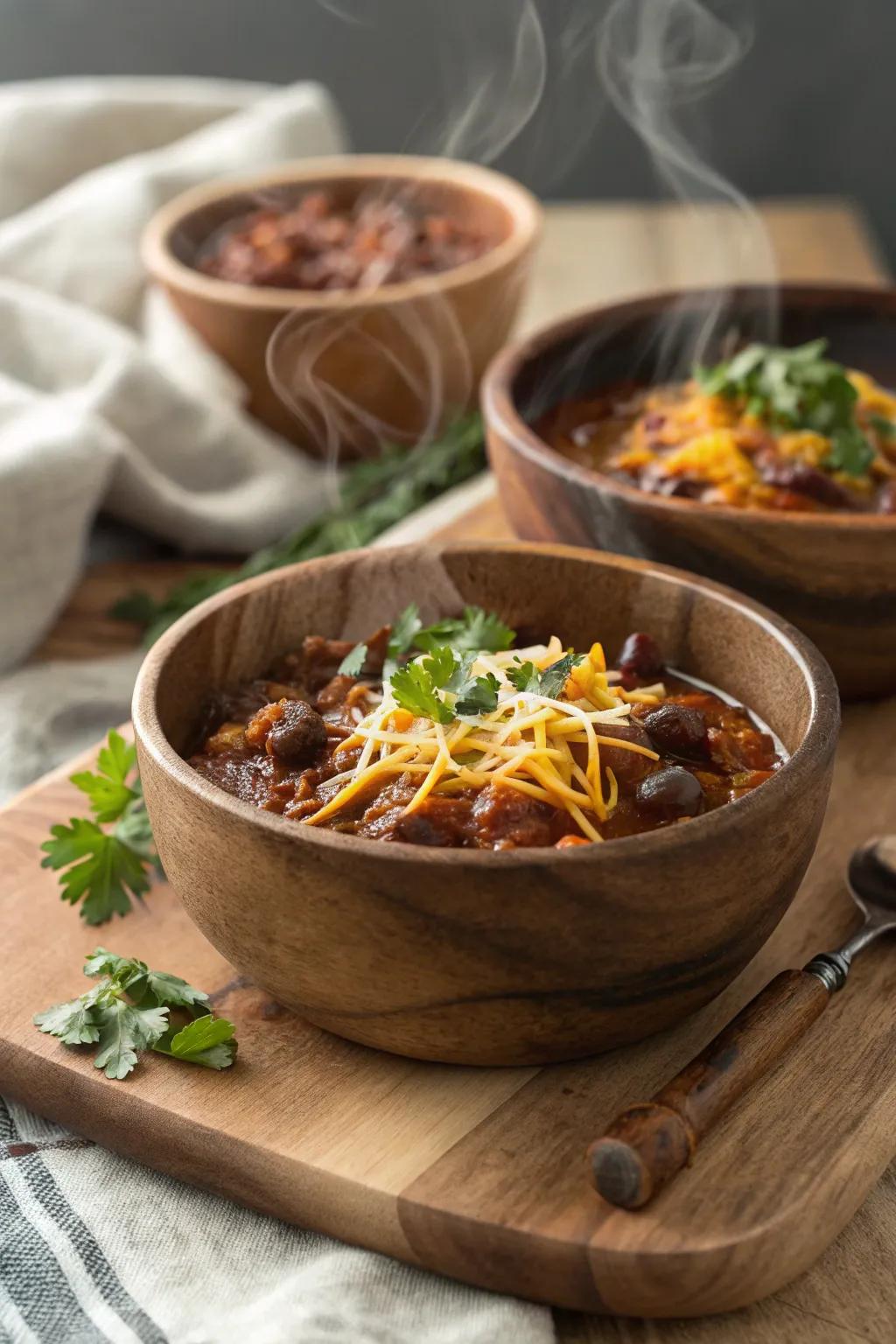 Campfire chili, an offering of coziness and profound flavor.