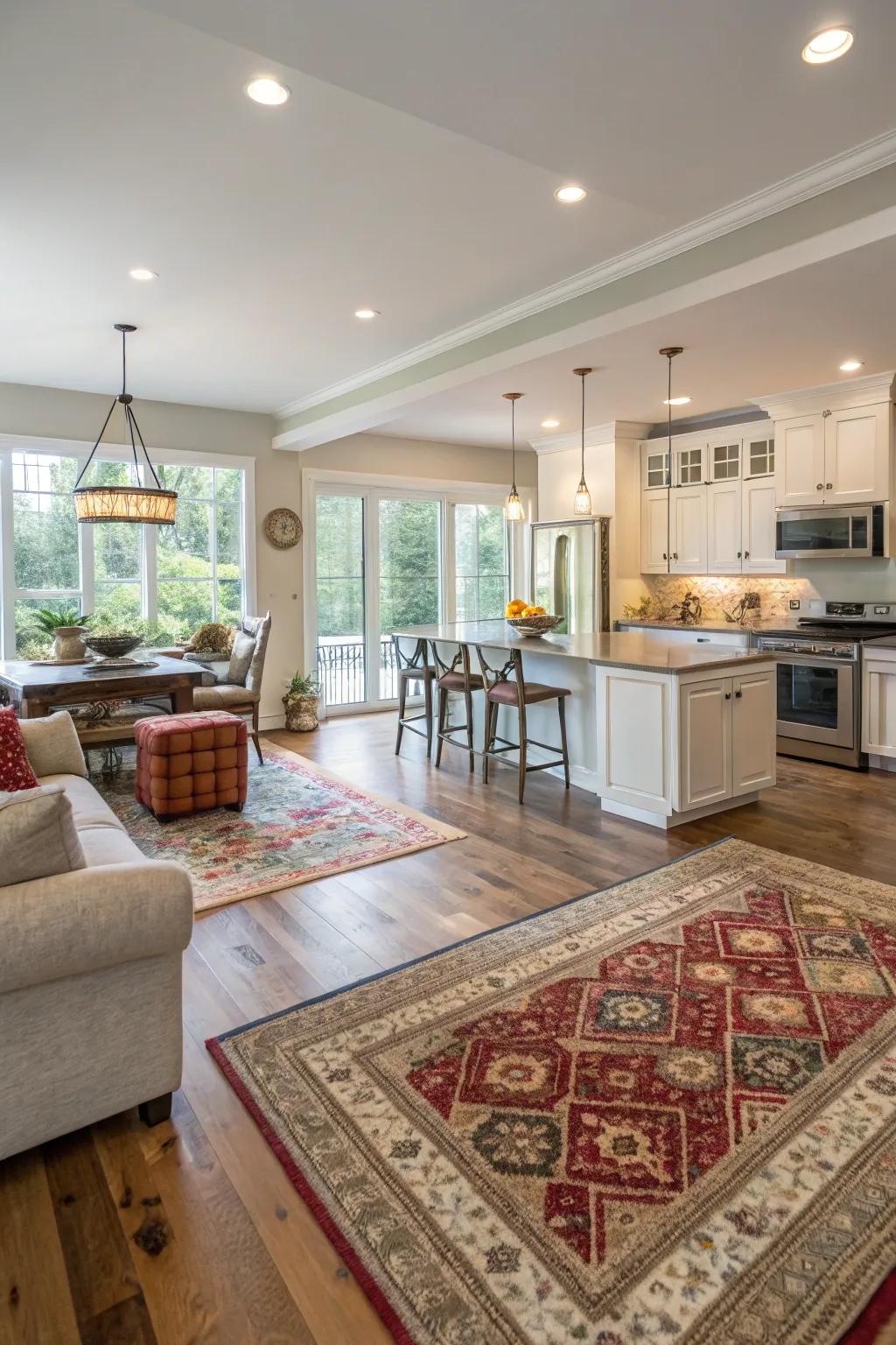 Carpets defining zones in an open kitchen and living room.
