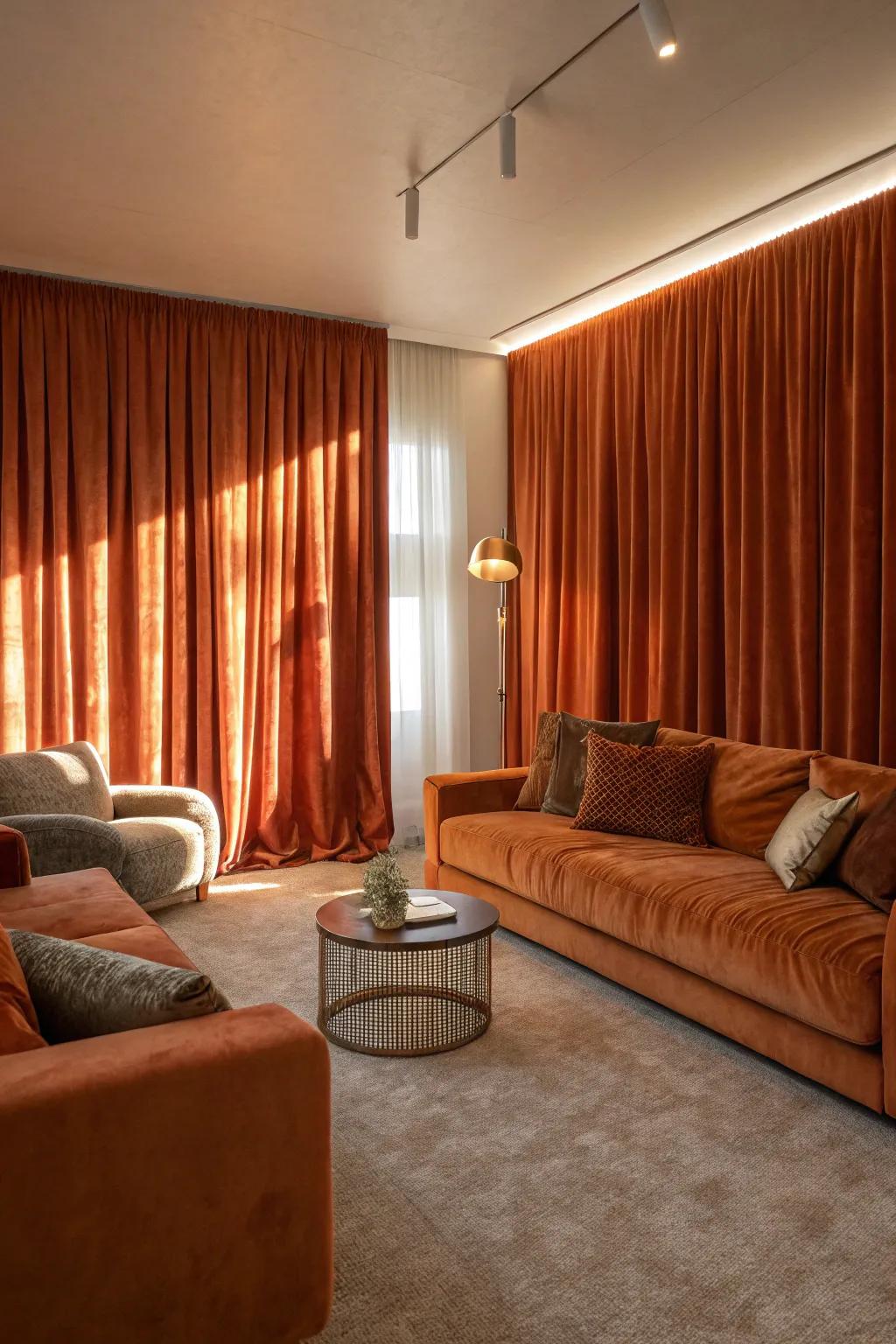 Velvet orange window coverings add a touch of luxury and warmth.